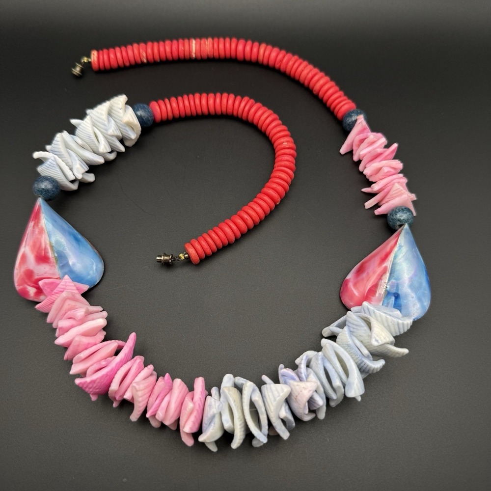 Vintage Pink & Blue Dyed Puka Shell Beaded Necklace Boho Beach Chunky Statement